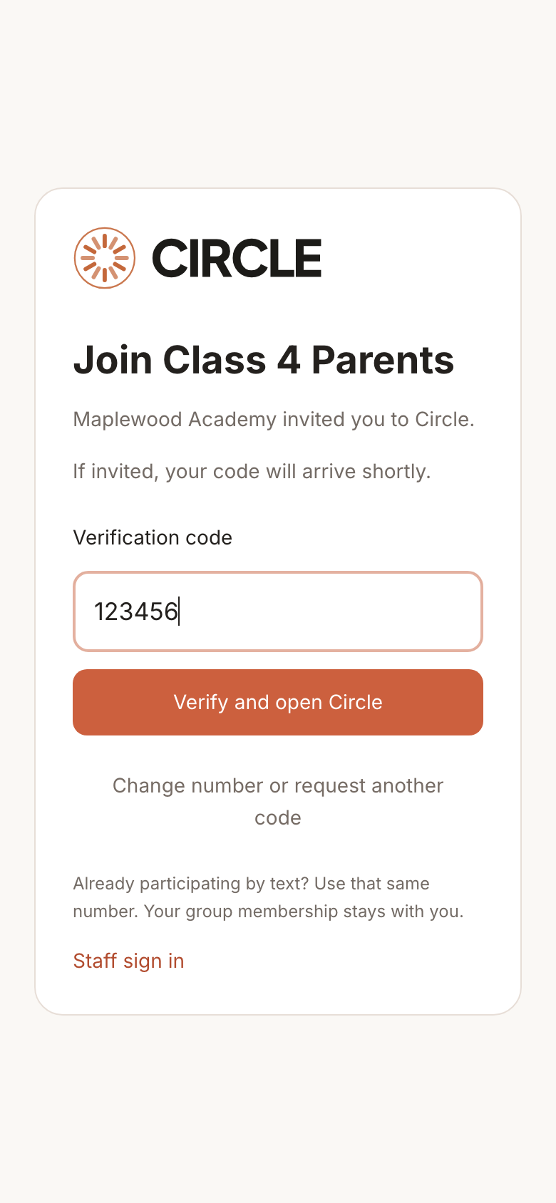 Circle six-digit phone verification screen