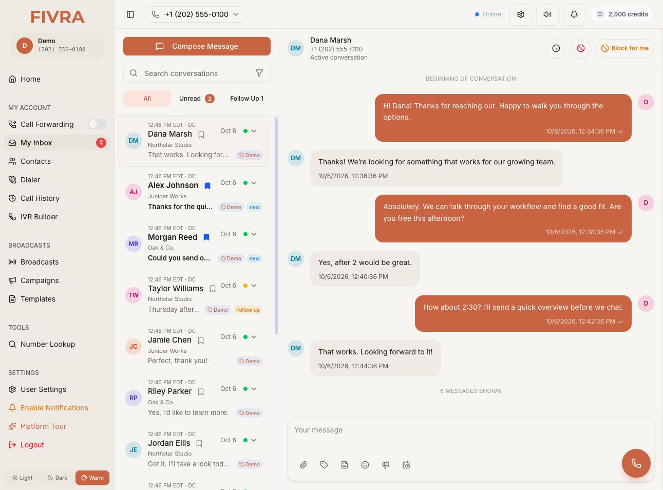 The actual Fivra inbox in warm theme, with a Demo account, sample contacts, and a conversation with Dana Marsh.